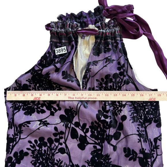 Hale Bob Women's Halter Tank Top Size L Purple Black Silk Blend Tie Neck Smocked - Picture 4 of 7